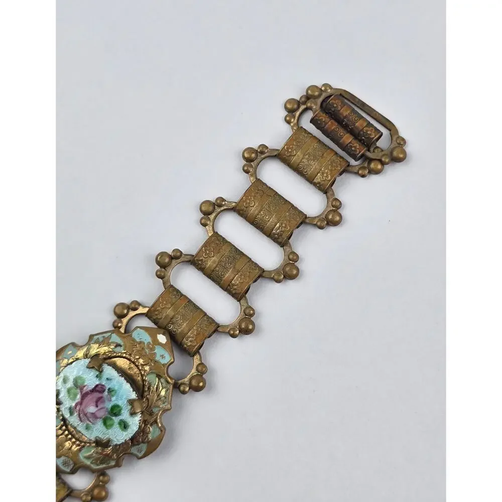 Edwardian vintage powder blue enamel floral metal link costume bracelet 7